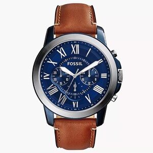 Fossil Men’s Grant Chronograph Watch Light Brown Leather Strap 44mm